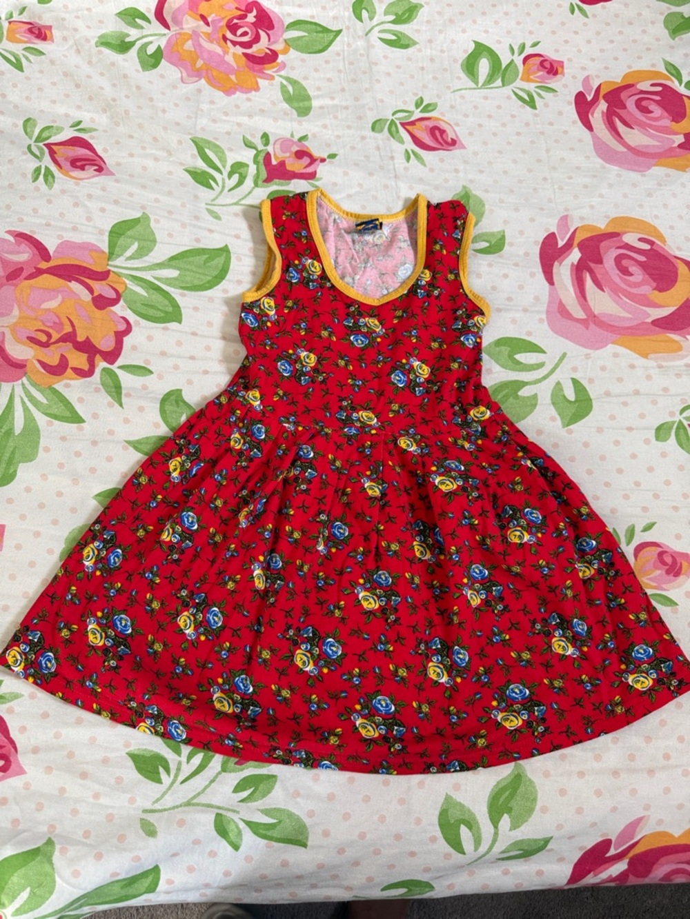 Girls' Red Floral Swing Dress with Yellow Trim